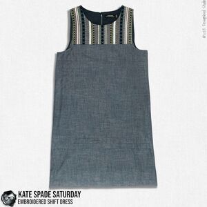VINTAGE KATE SPADE SATURDAY EMBROIDERED SHIFT MINI DRESS IN INDIGO BLUE SIZE 0